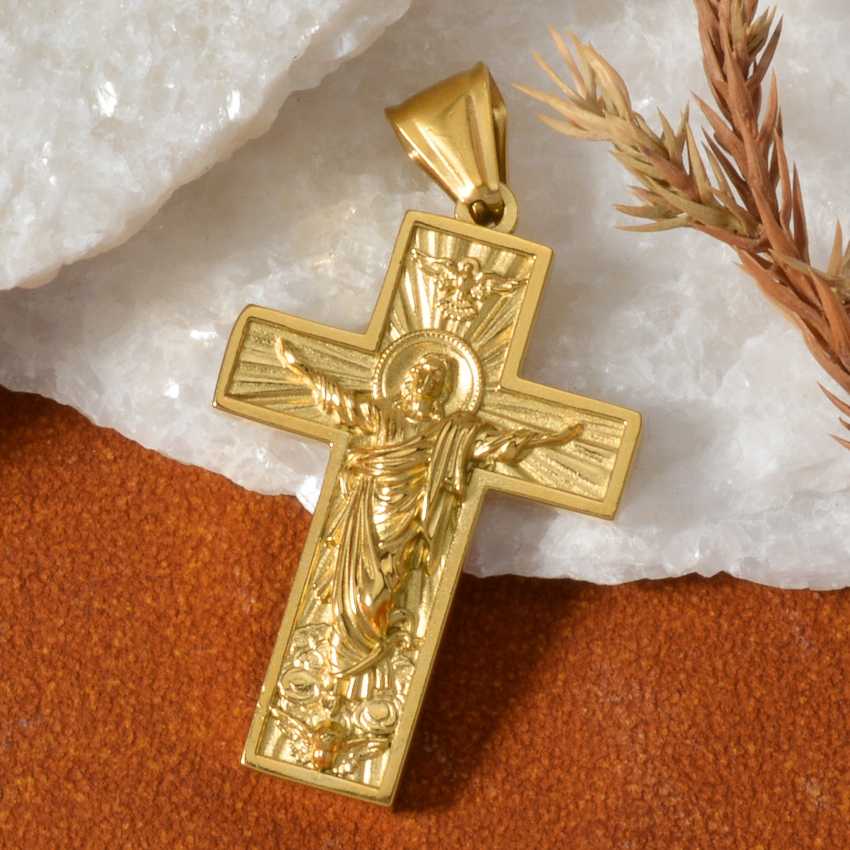 Vintage 3D Relief Christian Cross Stainless Steel Pendant, Couples Gift
